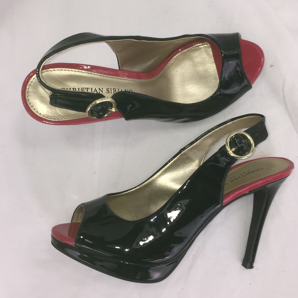 Christian Siriano VTG Black Patent Peep Toe Pump Hot Pink Accent Barbiecore